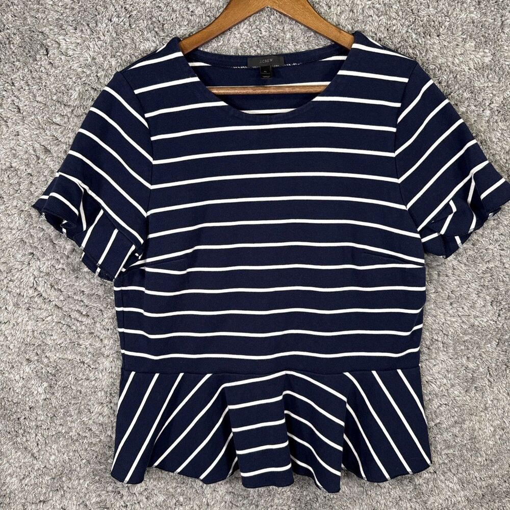 J Crew Women’s Peplum Blouse Top Navy Blue Nautical XL Neutral Thick 100% Cotton